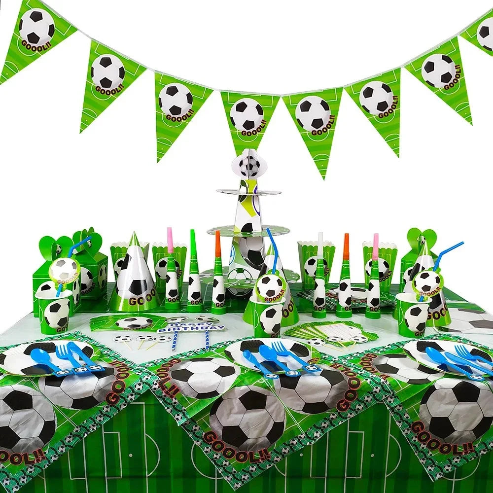 Voetbal Thema Verjaardagsfeestje Decoratie Servies Set Ballon Kit Voetbal Party Jongen Meisje kind Gunsten Banner Achtergrond Cup Plaat