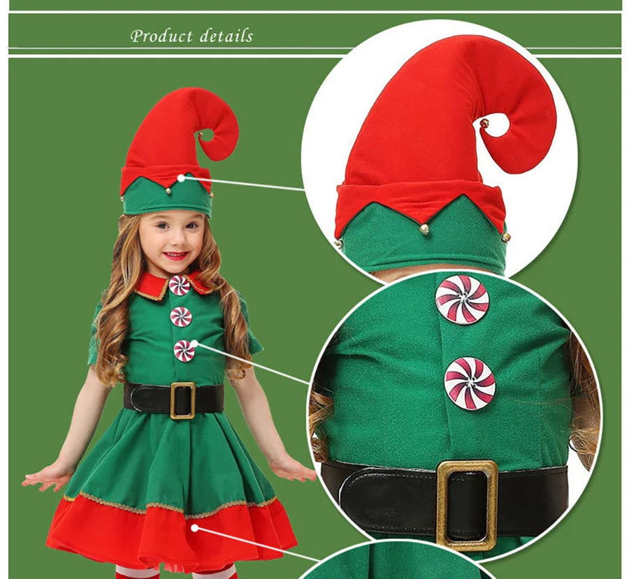 Kids Christmas Elf Costume Set Green Santa Suit with Hat for Little Girls Fancy Party Performance Outfit Dress Up Wear