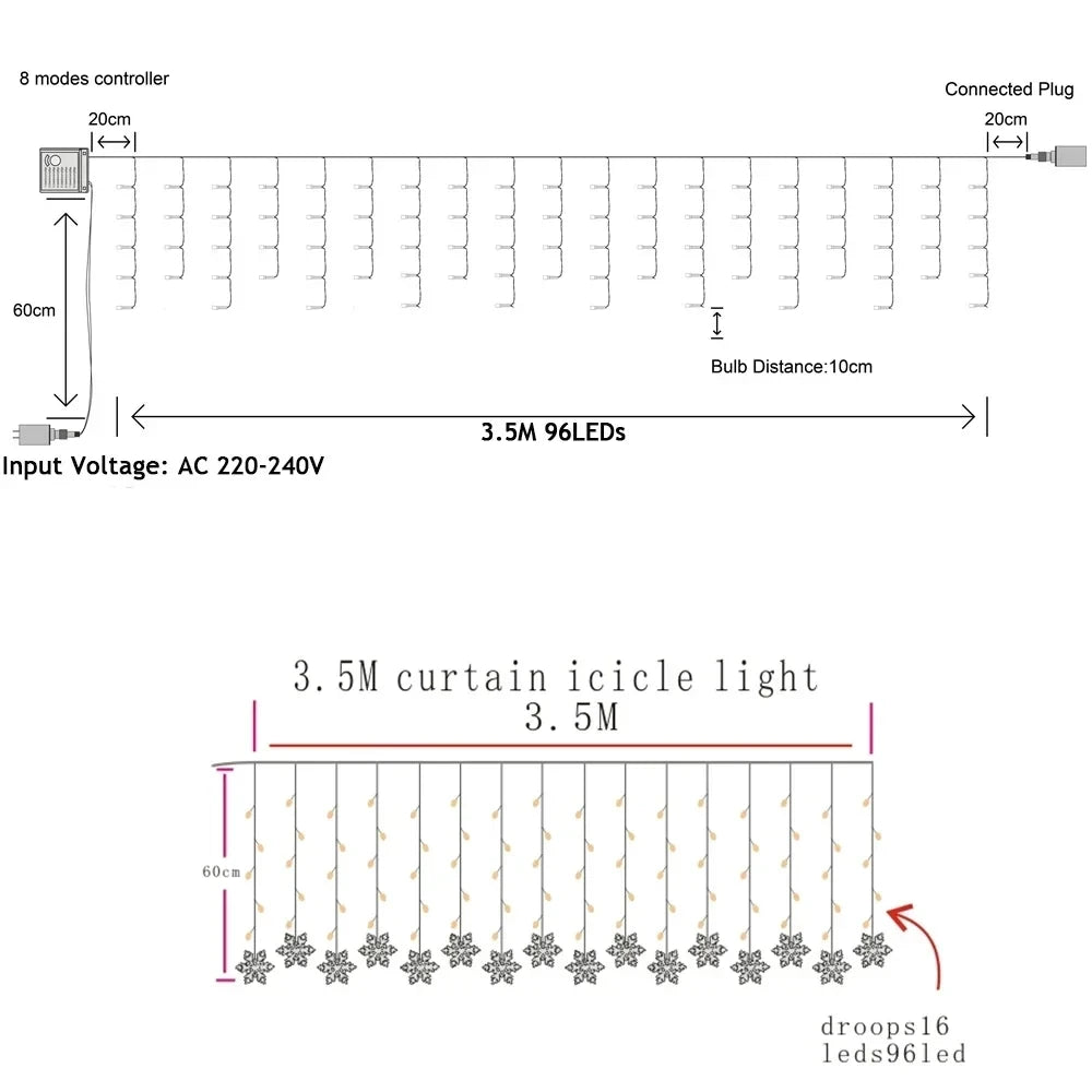3.5M Christmas Light Led Snowflake Curtain Icicle Fairy String Lights Outdoor Garland for Home Party Garden New Year Decoration