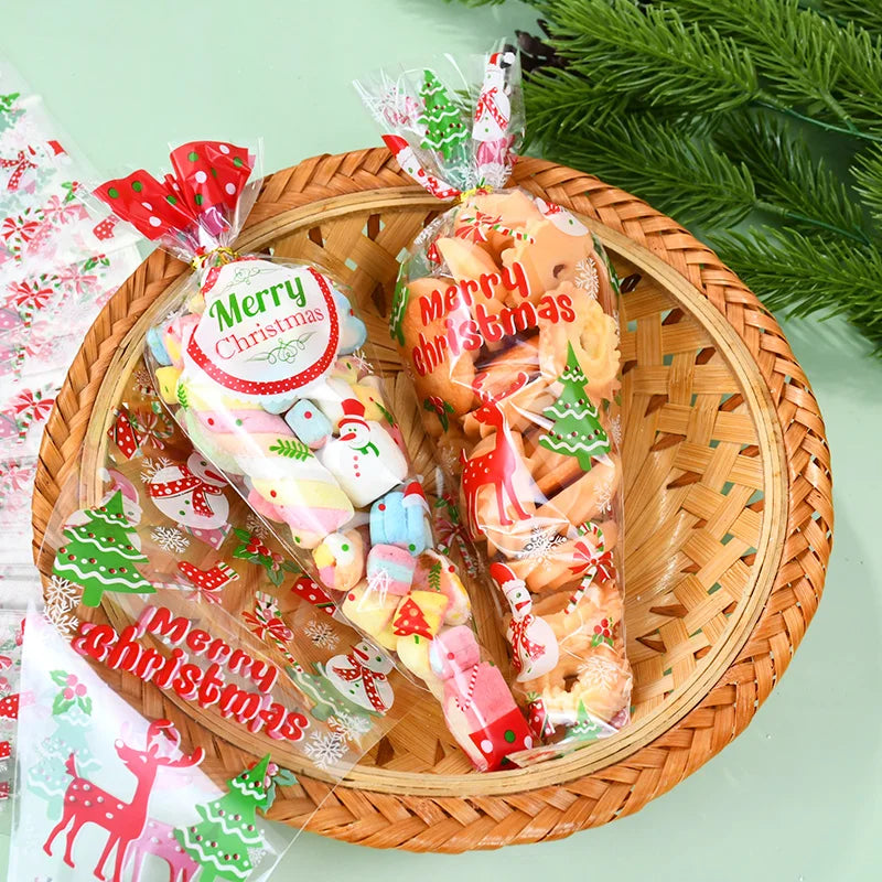 100 stks Kerst Transparant Pakket Cellofaan Kegel Snoep Zakken Popcorn Zoete Zak Vrolijk Kerstfeest Decor 2025 Nieuwjaar Navidad