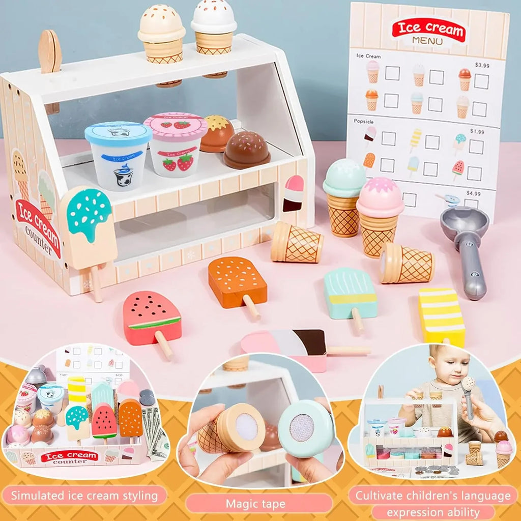 Ice Cream Counter Playset for Kids Montessori Pretend Play Food Toys Kitchen Accessories with Coin Role Play for Kids Girls Boys