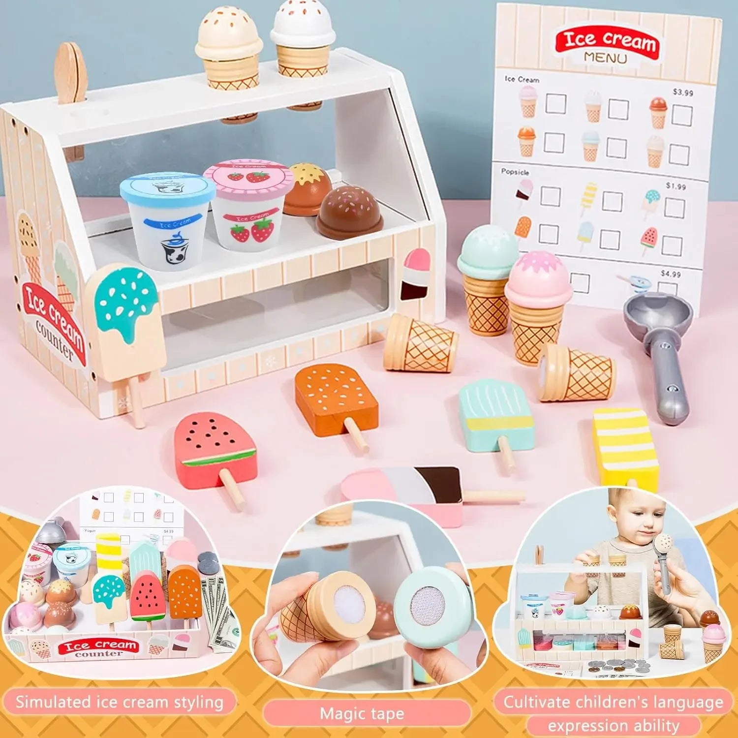Ice Cream Counter Playset for Kids Montessori Pretend Play Food Toys Kitchen Accessories with Coin Role Play for Kids Girls Boys