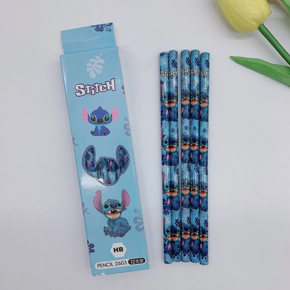12PCS Disney Cartoon Stitch Pencil School Supplies Kid Rubber School Supplies Pencils Pencil Roller Hb Pencils Birthday Gift