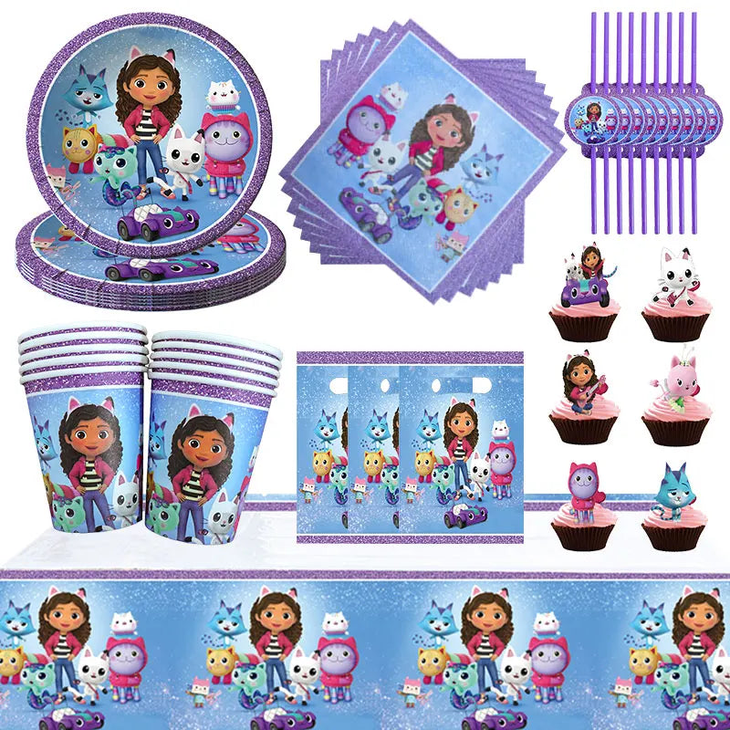 Gabby Dollhouse Birthday Decoration Balloon Tableware Plate Napkin Cup Straw Backdrop Banner for Kids Baby Shower Party Supplies