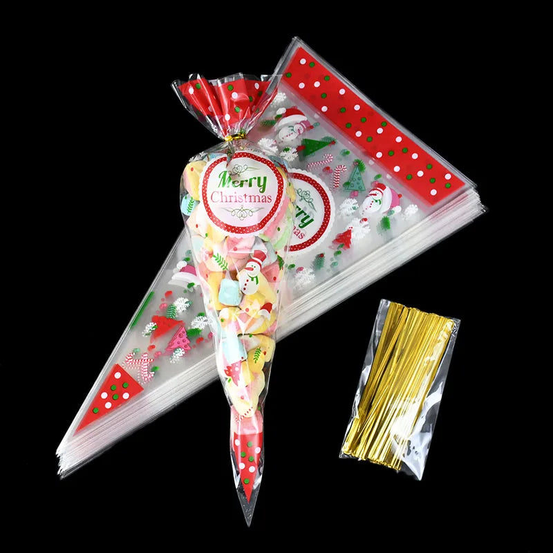 100 stks Kerst Transparant Pakket Cellofaan Kegel Snoep Zakken Popcorn Zoete Zak Vrolijk Kerstfeest Decor 2025 Nieuwjaar Navidad