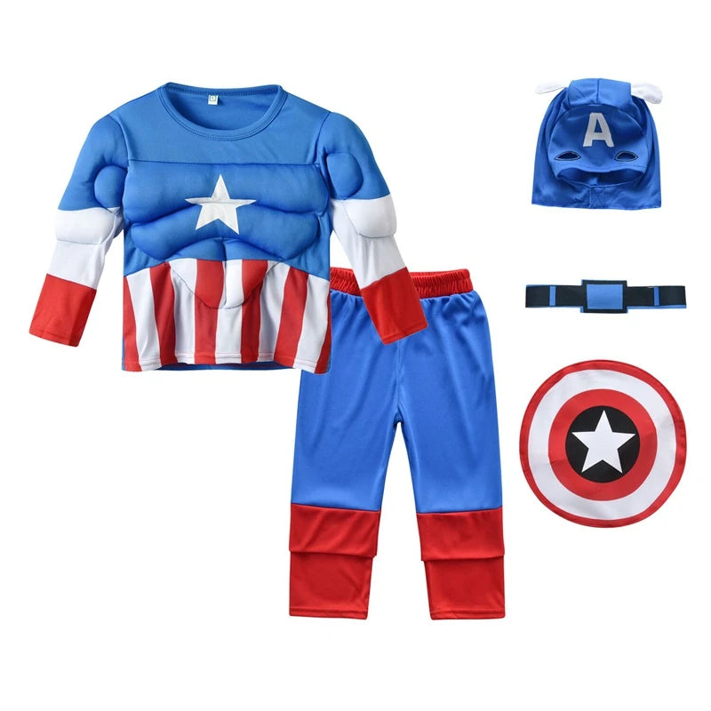 Superhero Hulk Captain America Cosplay Costume Boy Girl Clothes Spiderman Muscle Suit Halloween Carnival Birthday Party Outfits