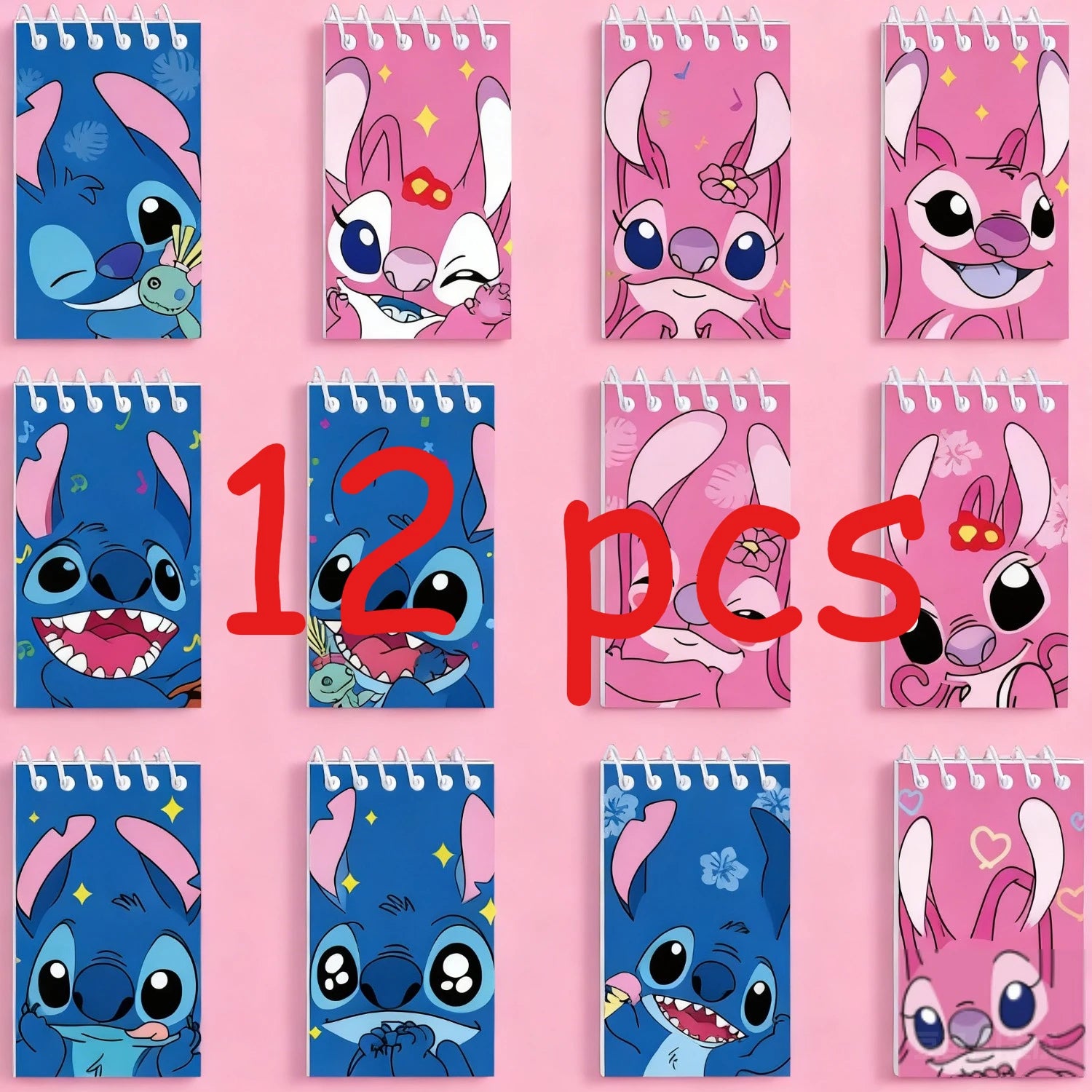 12pcs Stitch and Angel Children's Notebook and Ballpoint Pen Stationery Set, Spiral Notebook, Notepad, Birthday Gift