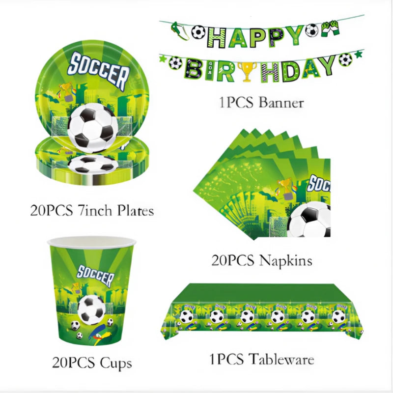 Voetbal Thema Verjaardagsfeestje Decoratie Servies Set Ballon Kit Voetbal Party Jongen Meisje kind Gunsten Banner Achtergrond Cup Plaat