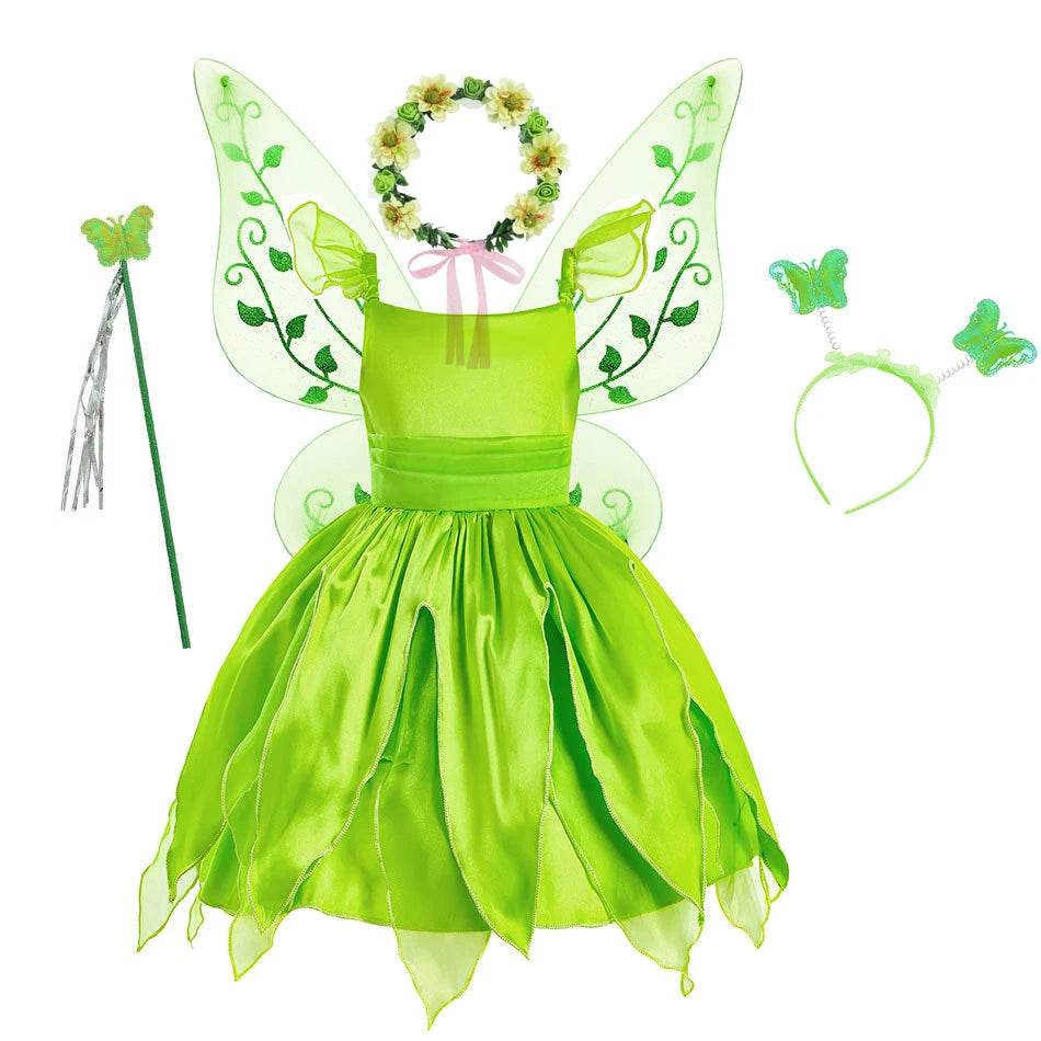 Girls Flower Fairy Dress Up Kids Princess Dress With Wings Halloween Princess Costume Elves Party Tinkerbell Tinker Bell Dress