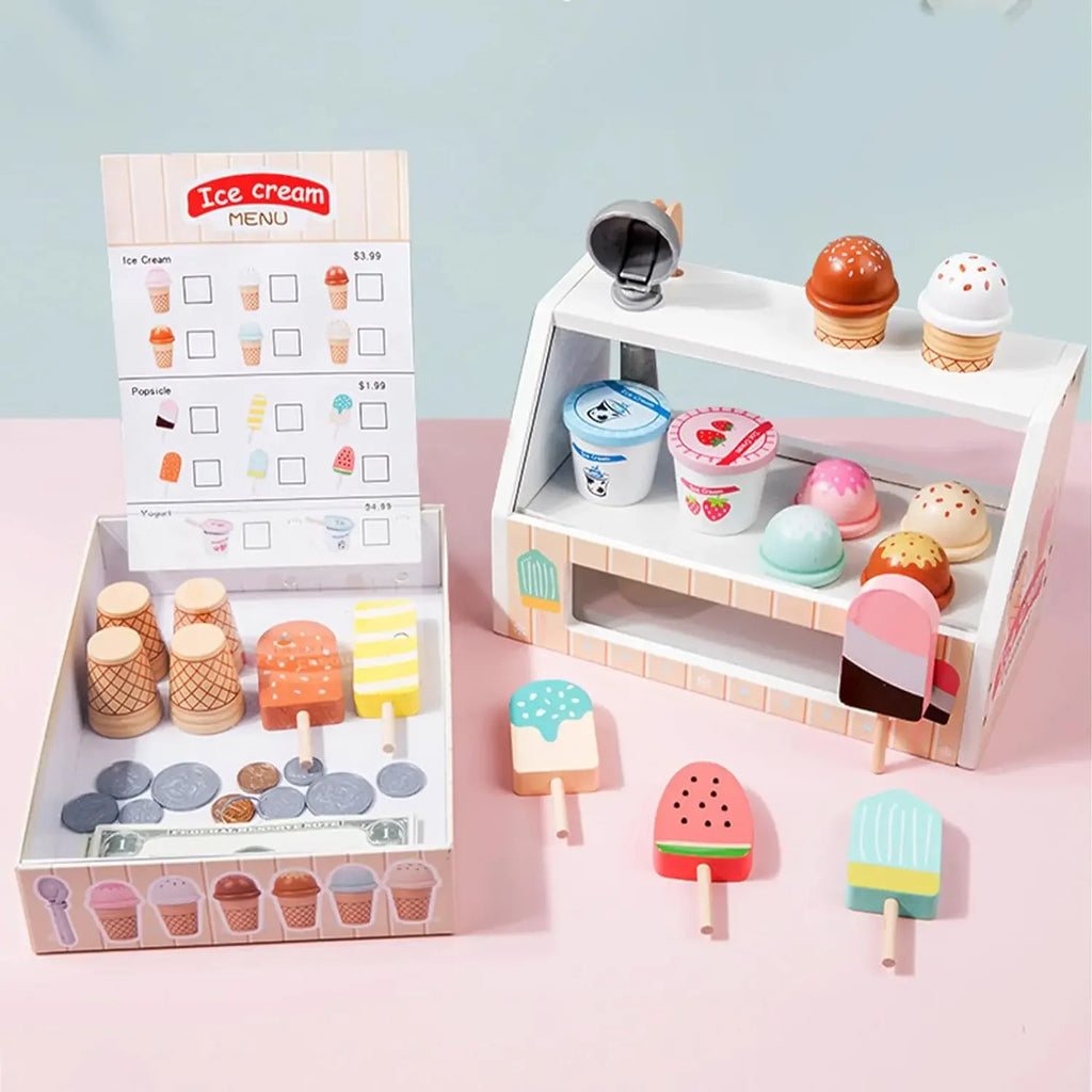 Ice Cream Counter Playset for Kids Montessori Pretend Play Food Toys Kitchen Accessories with Coin Role Play for Kids Girls Boys
