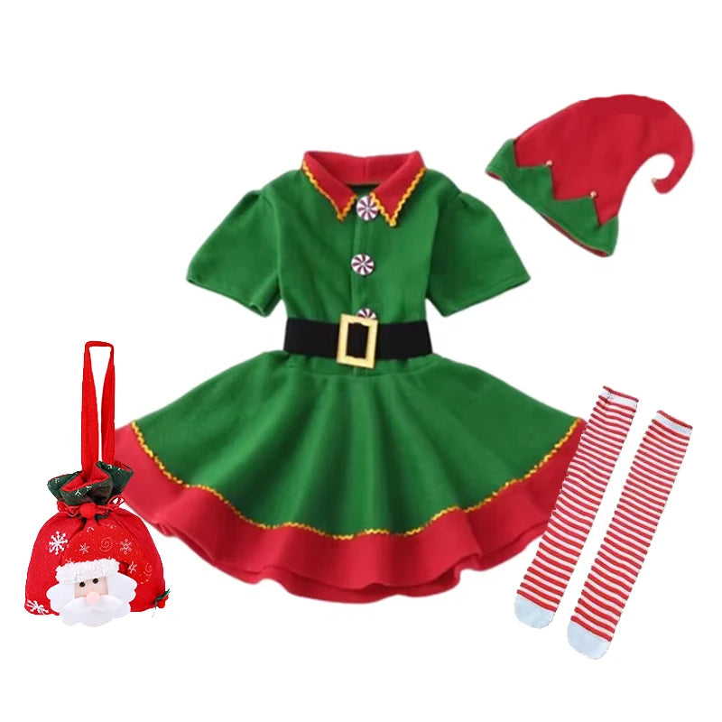 Kids Christmas Elf Costume Set Green Santa Suit with Hat for Little Girls Fancy Party Performance Outfit Dress Up Wear