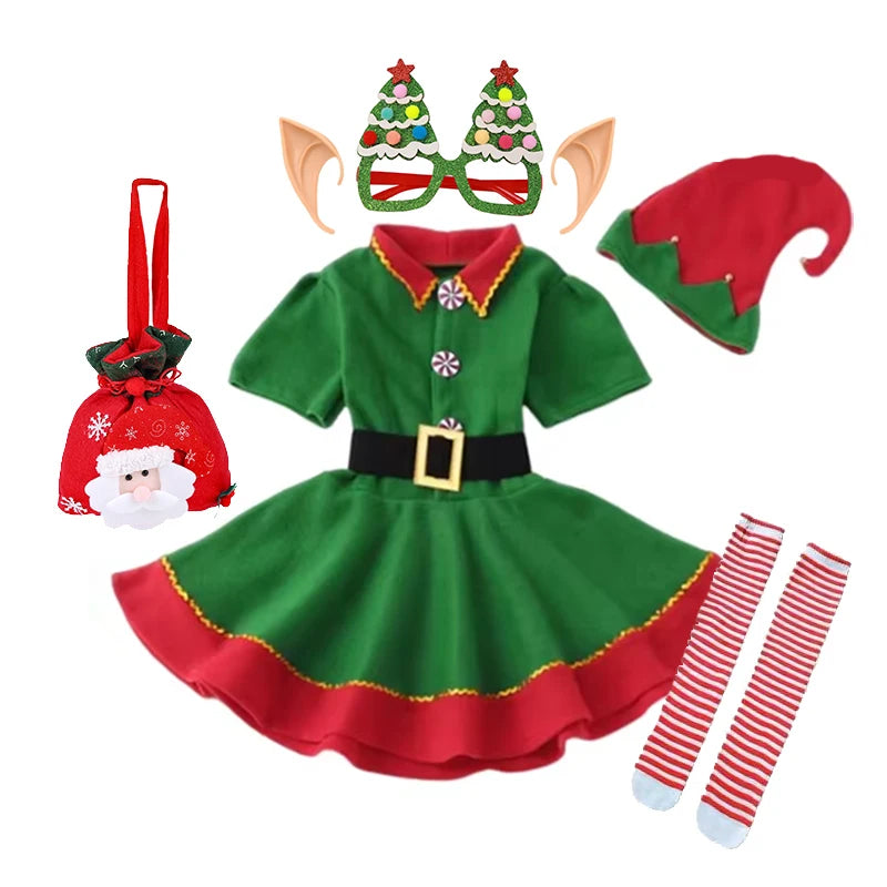 Kids Christmas Elf Costume Set Green Santa Suit with Hat for Little Girls Fancy Party Performance Outfit Dress Up Wear