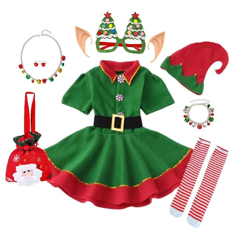 Kids Christmas Elf Costume Set Green Santa Suit with Hat for Little Girls Fancy Party Performance Outfit Dress Up Wear