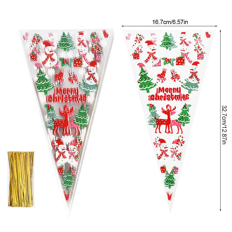 100 stks Kerst Transparant Pakket Cellofaan Kegel Snoep Zakken Popcorn Zoete Zak Vrolijk Kerstfeest Decor 2025 Nieuwjaar Navidad