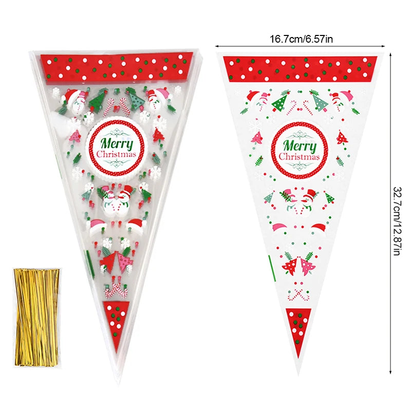 100 stks Kerst Transparant Pakket Cellofaan Kegel Snoep Zakken Popcorn Zoete Zak Vrolijk Kerstfeest Decor 2025 Nieuwjaar Navidad