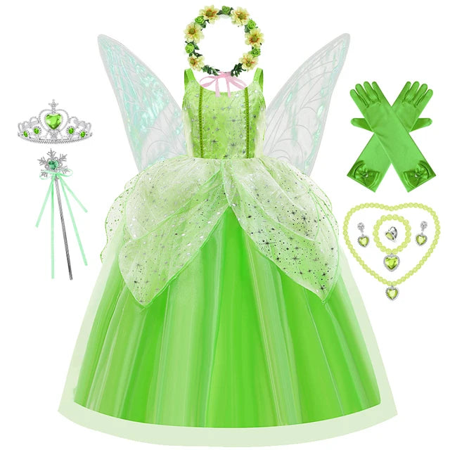 Girls Flower Fairy Dress Up Kids Princess Dress With Wings Halloween Princess Costume Elves Party Tinkerbell Tinker Bell Dress