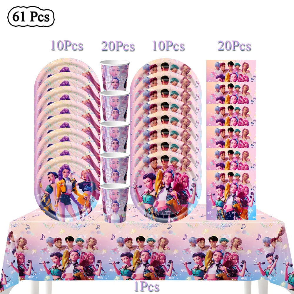 Demon Hunters Verjaardagsfeestje Decor Servies Banner Decoraties Cake Topper Ballon Meisje Kid Koreaanse Kpop Anime Party Leveranties Set