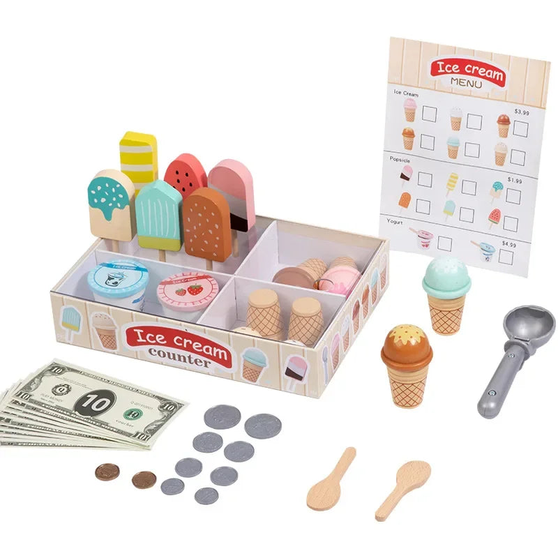 Ice Cream Counter Playset for Kids Montessori Pretend Play Food Toys Kitchen Accessories with Coin Role Play for Kids Girls Boys