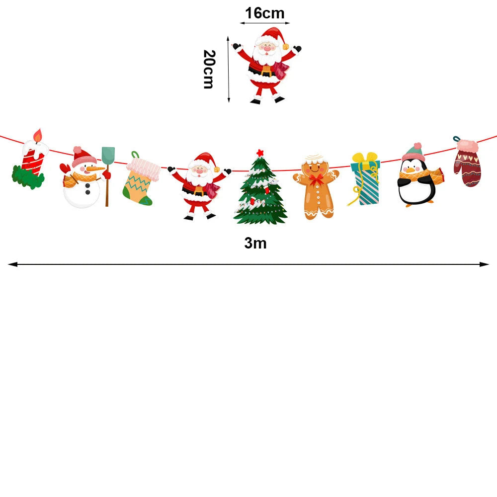 Merry Christmas Banner and Ceiling Hanging Swirls Christmas Garlands Santa Claus Snowman Christmas Party Banner Decorations