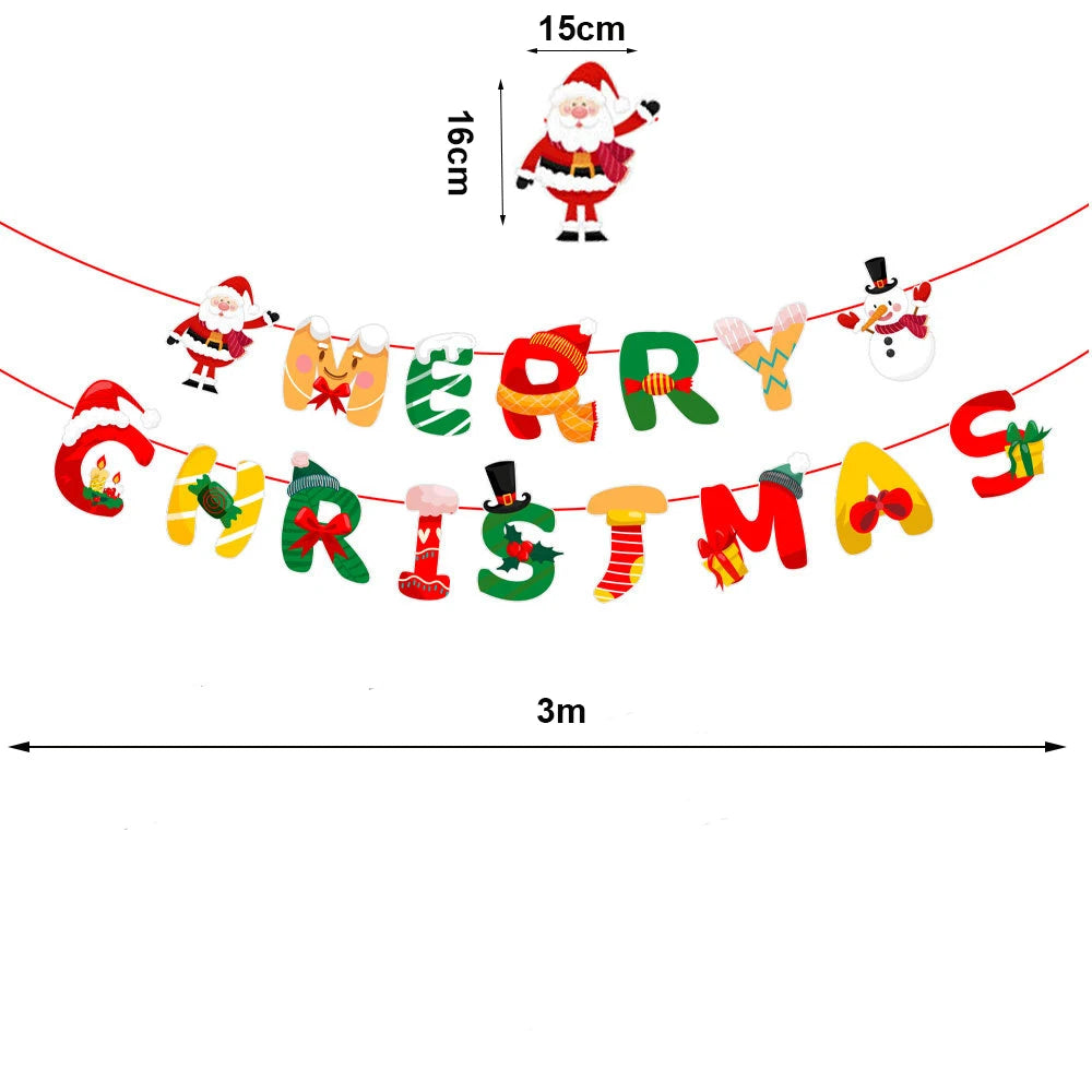 Merry Christmas Banner and Ceiling Hanging Swirls Christmas Garlands Santa Claus Snowman Christmas Party Banner Decorations