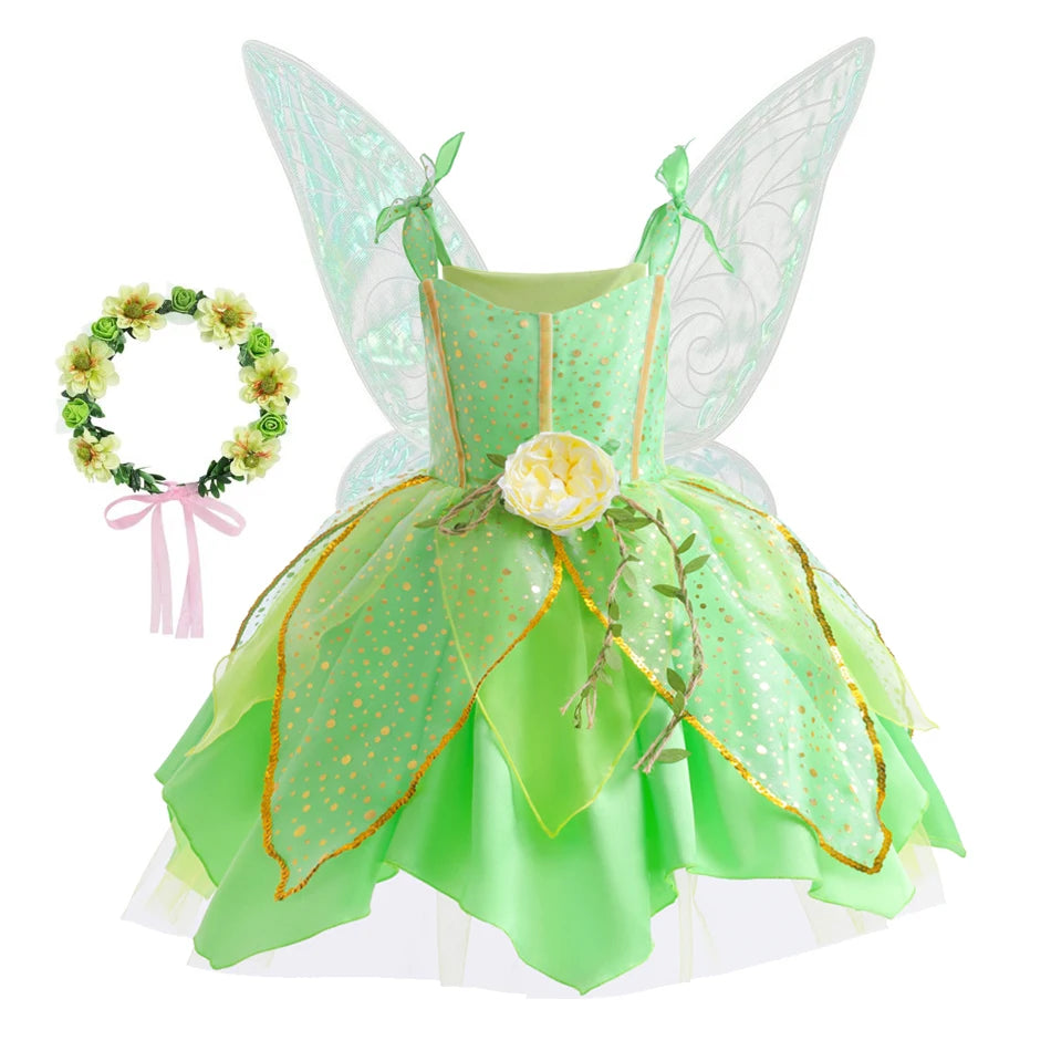Girls Flower Fairy Dress Up Kids Princess Dress With Wings Halloween Princess Costume Elves Party Tinkerbell Tinker Bell Dress