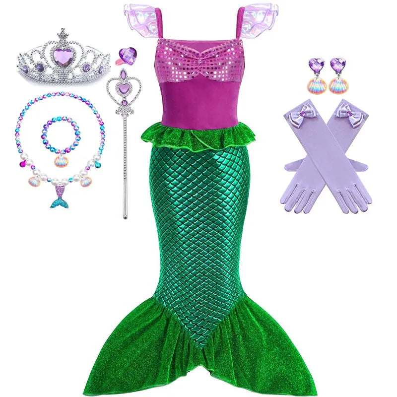 Girls Cosplay Disney Little Mermaid Ariel Prom Princess Costumes Kids Summer Casual Dress Halloween Birthday Party Dress Up 2025