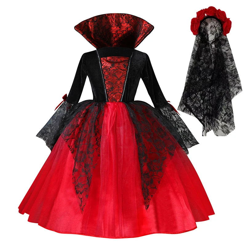 Halloween Girl Cosplay Vampire Dress For Kids Ghost Bride Vampire Costume Vampiran Carnival Party Outfits Scarlet Gothic Clothes