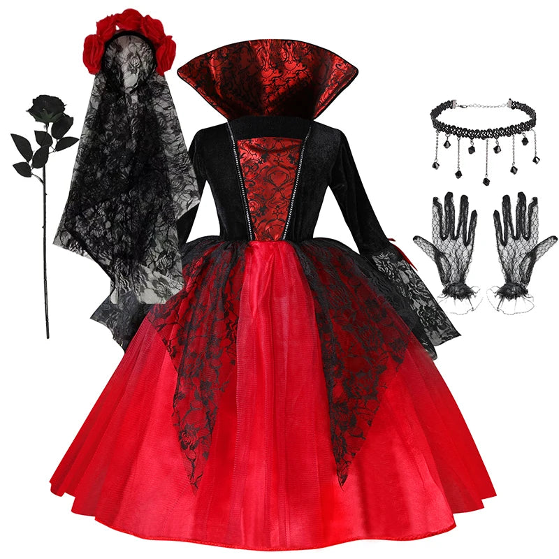 Halloween Girl Cosplay Vampire Dress For Kids Ghost Bride Vampire Costume Vampiran Carnival Party Outfits Scarlet Gothic Clothes