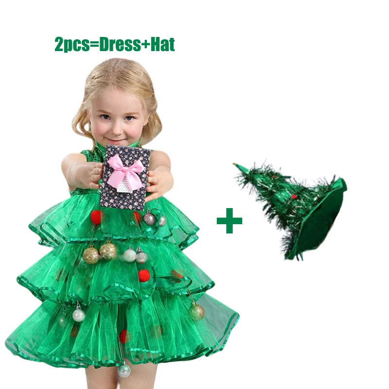 2025 Kids Girls Cosplay Christmas Tree Dress for Kids Costume With Green Hats Sleeveless Plush Ball Party Birthday Clothes 1-15Y
