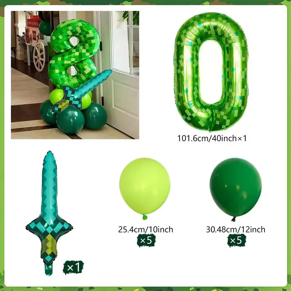 40 inch green Number Pixel Miner Balloon Set Diamond Sword Aluminum Film Balloon Jungle Game Event Birthday Party Decoration