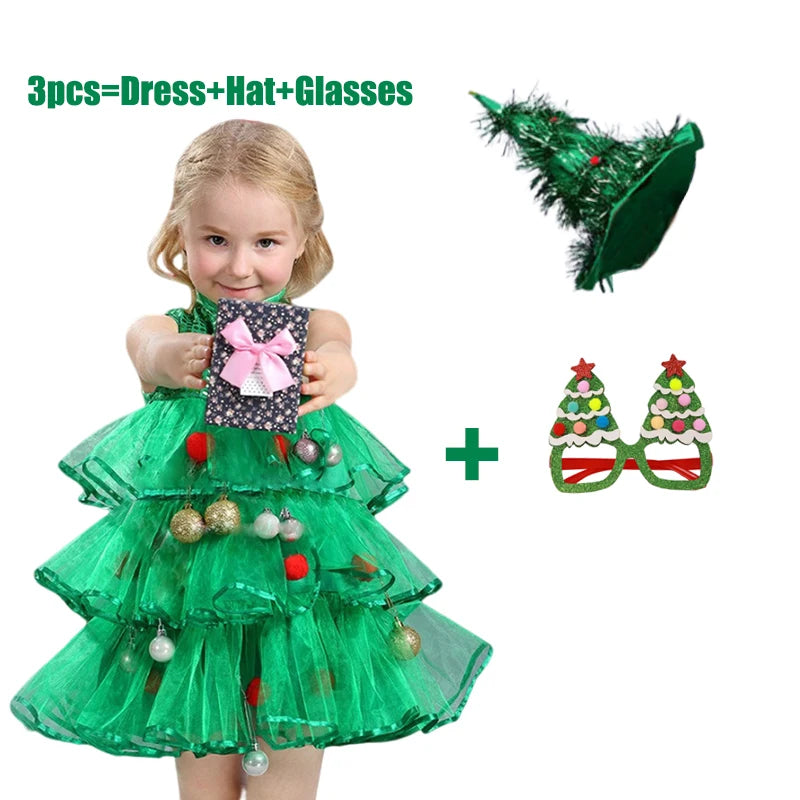 2025 Kids Girls Cosplay Christmas Tree Dress for Kids Costume With Green Hats Sleeveless Plush Ball Party Birthday Clothes 1-15Y