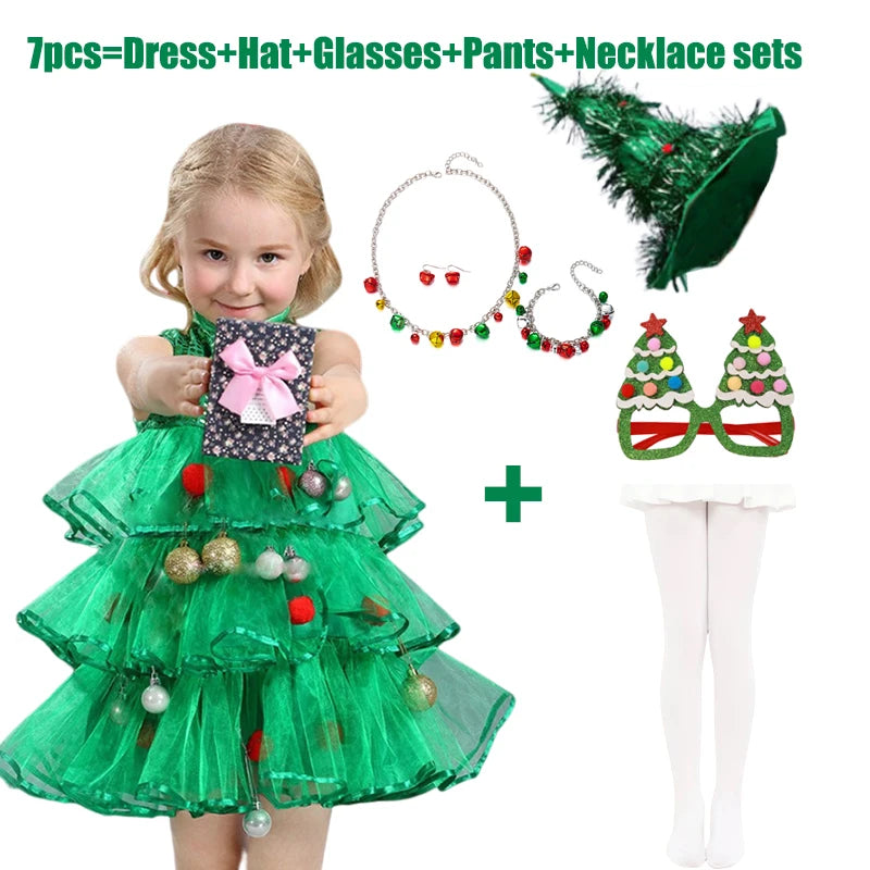 2025 Kids Girls Cosplay Christmas Tree Dress for Kids Costume With Green Hats Sleeveless Plush Ball Party Birthday Clothes 1-15Y