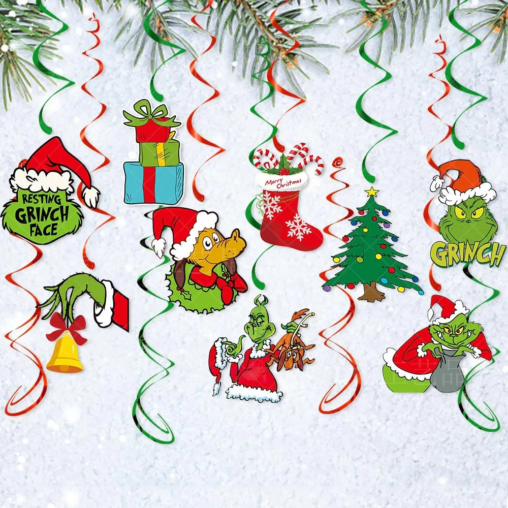 Merry Christmas Banner and Ceiling Hanging Swirls Christmas Garlands Santa Claus Snowman Christmas Party Banner Decorations