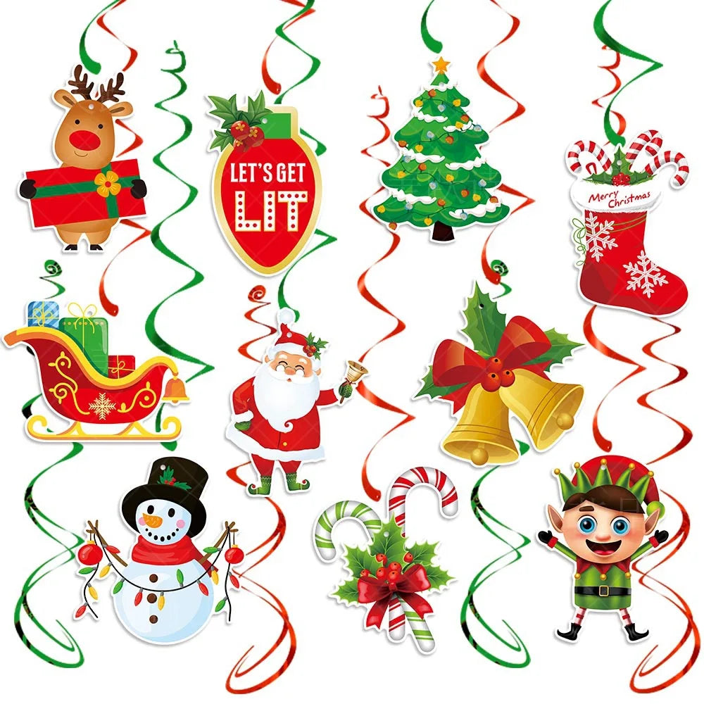 Merry Christmas Banner and Ceiling Hanging Swirls Christmas Garlands Santa Claus Snowman Christmas Party Banner Decorations