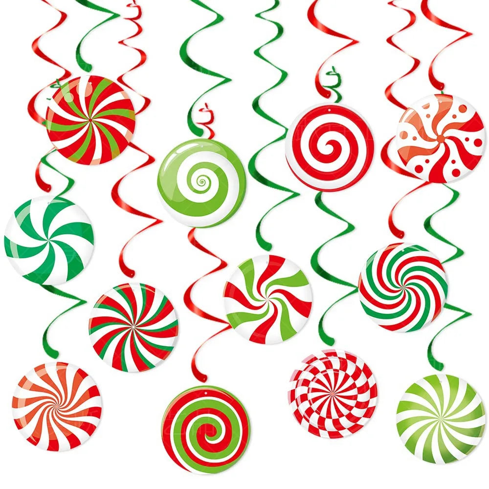 Merry Christmas Banner and Ceiling Hanging Swirls Christmas Garlands Santa Claus Snowman Christmas Party Banner Decorations