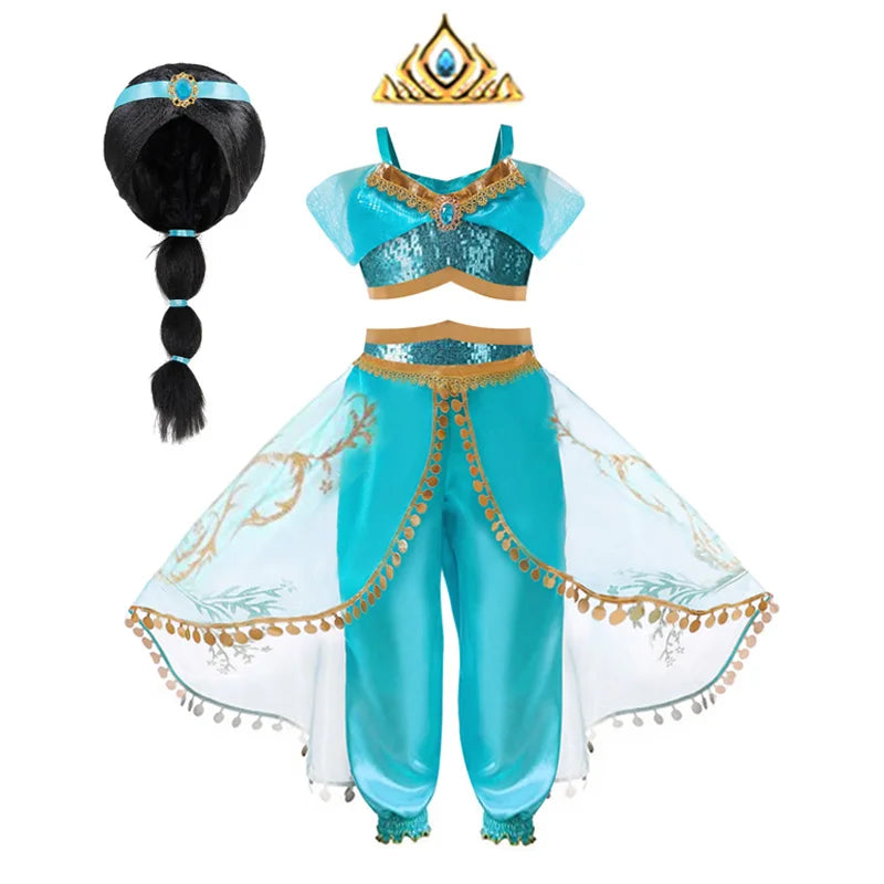 Jasmine Princess Dress for Girls Cosplay Aladdin Magic Lamp Costume Outfit Girls Halloween Kids Birthday Carnival Dance Vestidos