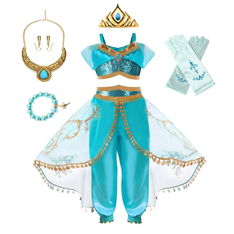 Jasmine Princess Dress for Girls Cosplay Aladdin Magic Lamp Costume Outfit Girls Halloween Kids Birthday Carnival Dance Vestidos