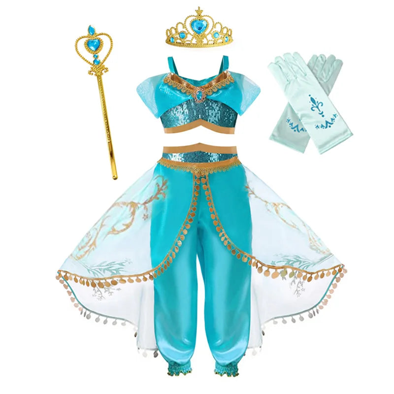 Jasmine Princess Dress for Girls Cosplay Aladdin Magic Lamp Costume Outfit Girls Halloween Kids Birthday Carnival Dance Vestidos