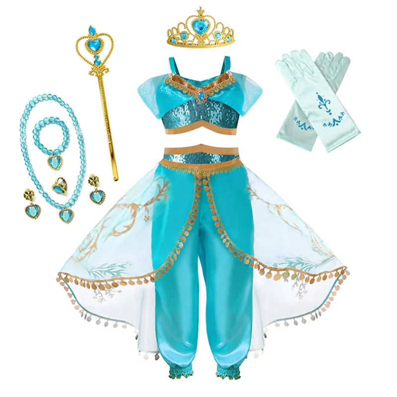 Jasmine Princess Dress for Girls Cosplay Aladdin Magic Lamp Costume Outfit Girls Halloween Kids Birthday Carnival Dance Vestidos