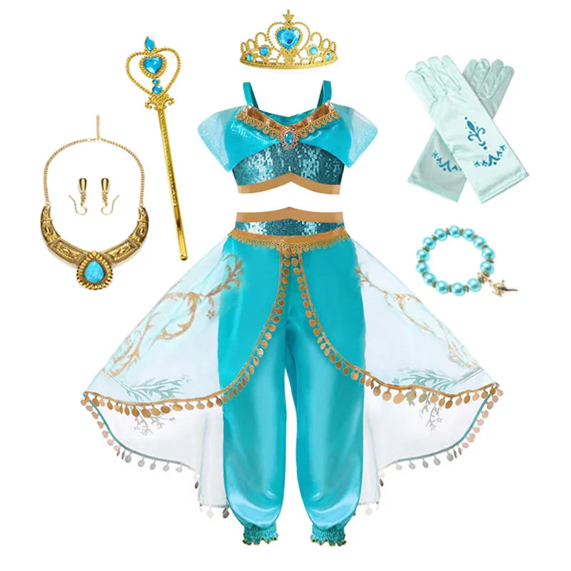 Jasmine Princess Dress for Girls Cosplay Aladdin Magic Lamp Costume Outfit Girls Halloween Kids Birthday Carnival Dance Vestidos