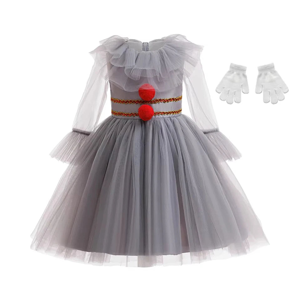 Gray Girls Joker Cosplay Halloween Costume Tutu Dress Creepy Clown Kids Carnival Party Clothes Children Tulle Fancy Party Dress