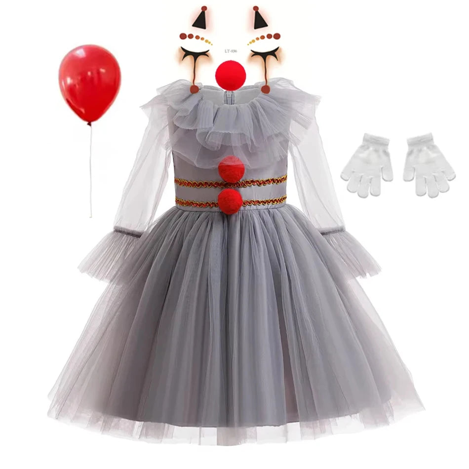 Gray Girls Joker Cosplay Halloween Costume Tutu Dress Creepy Clown Kids Carnival Party Clothes Children Tulle Fancy Party Dress