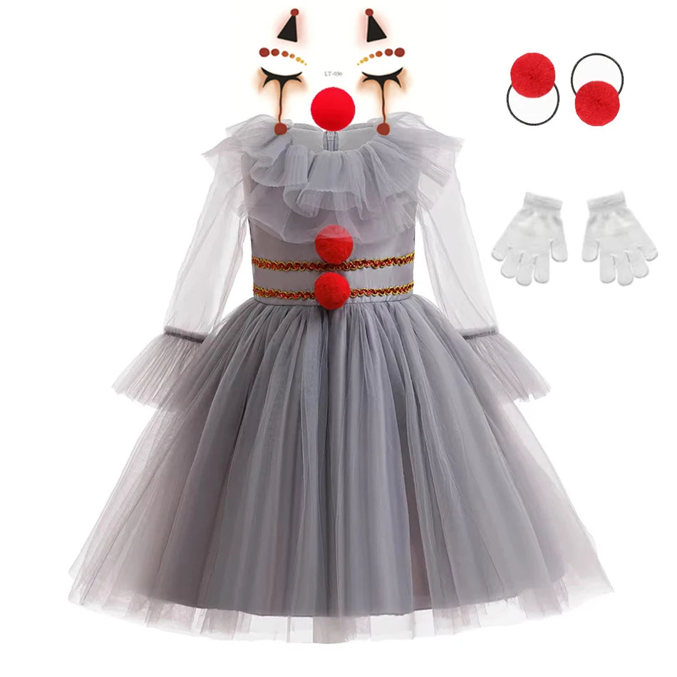 Gray Girls Joker Cosplay Halloween Costume Tutu Dress Creepy Clown Kids Carnival Party Clothes Children Tulle Fancy Party Dress