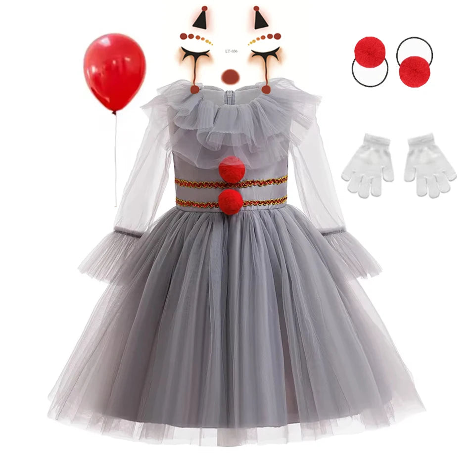 Gray Girls Joker Cosplay Halloween Costume Tutu Dress Creepy Clown Kids Carnival Party Clothes Children Tulle Fancy Party Dress
