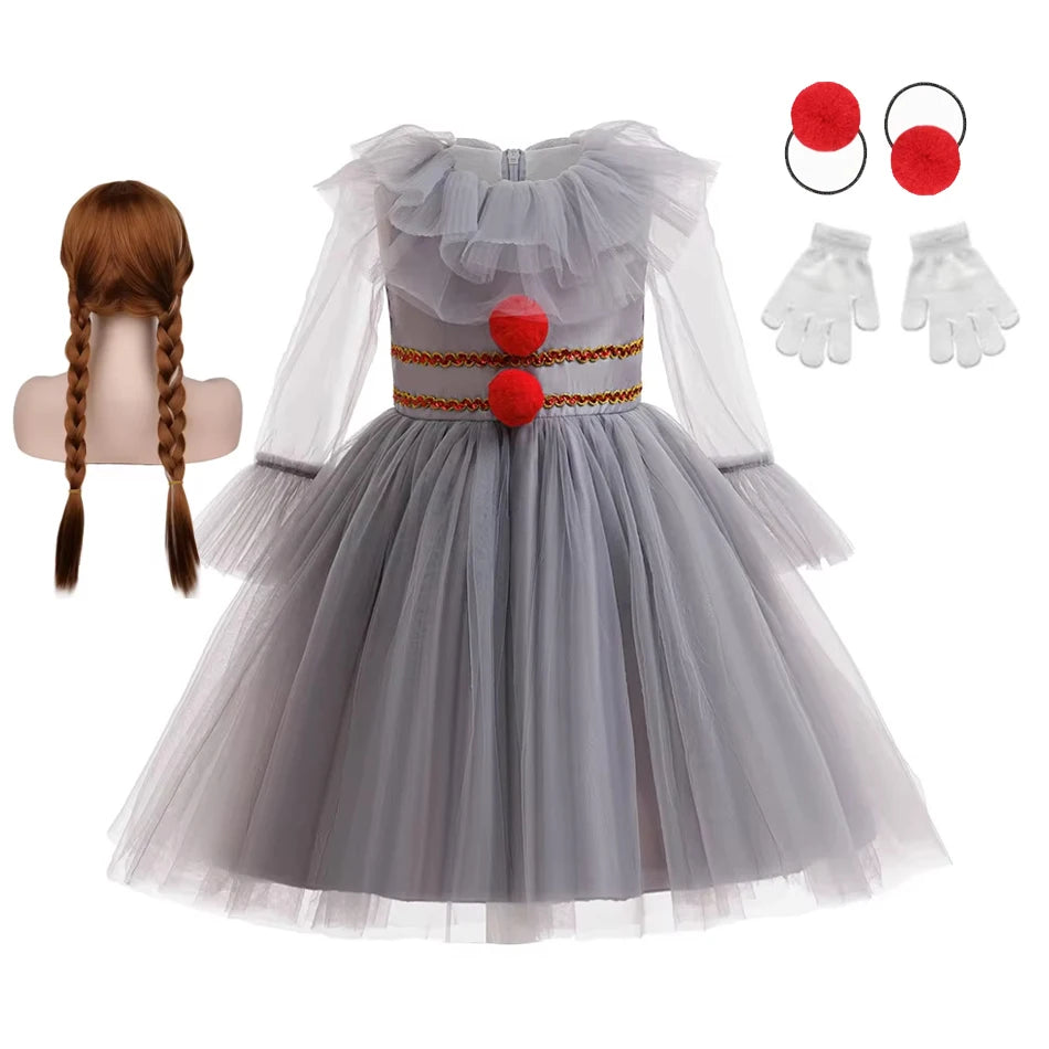 Gray Girls Joker Cosplay Halloween Costume Tutu Dress Creepy Clown Kids Carnival Party Clothes Children Tulle Fancy Party Dress