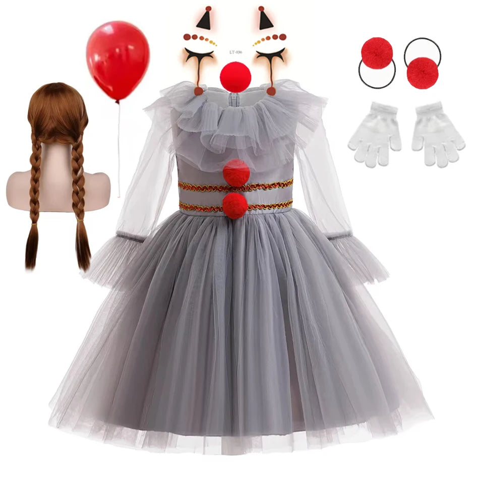 Gray Girls Joker Cosplay Halloween Costume Tutu Dress Creepy Clown Kids Carnival Party Clothes Children Tulle Fancy Party Dress