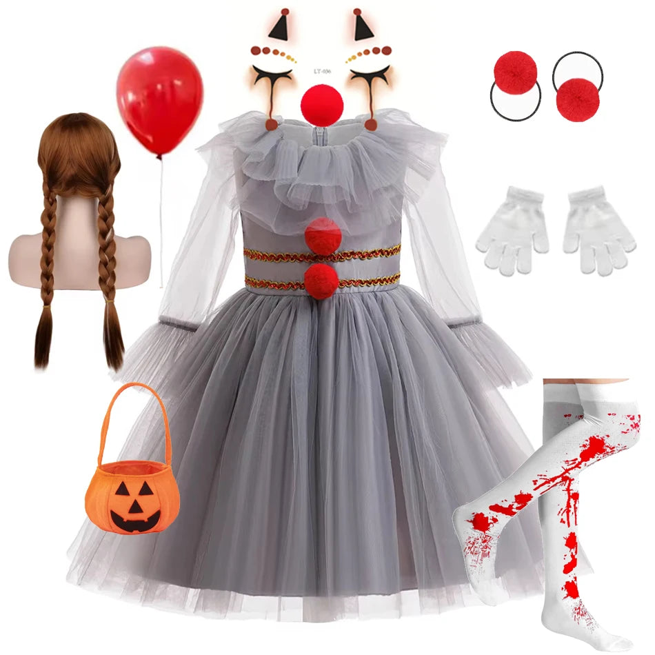Gray Girls Joker Cosplay Halloween Costume Tutu Dress Creepy Clown Kids Carnival Party Clothes Children Tulle Fancy Party Dress