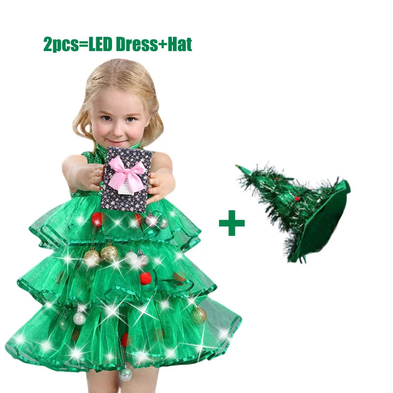 2025 Kids Girls Cosplay Christmas Tree Dress for Kids Costume With Green Hats Sleeveless Plush Ball Party Birthday Clothes 1-15Y