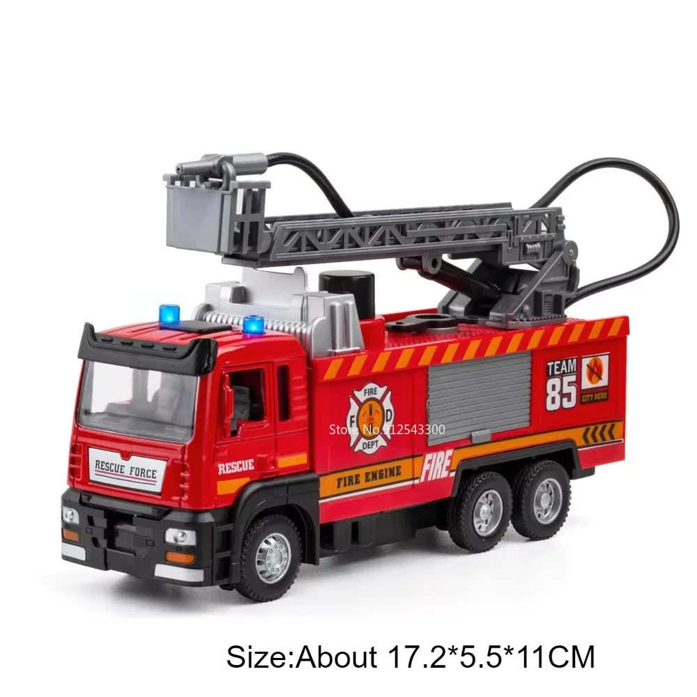 1:32 Scale Water Spray Fire Truck Model Ladder Trucks Toy Car Sound Light Pull Back Doors Opened Vehicle Collection Boys Gift