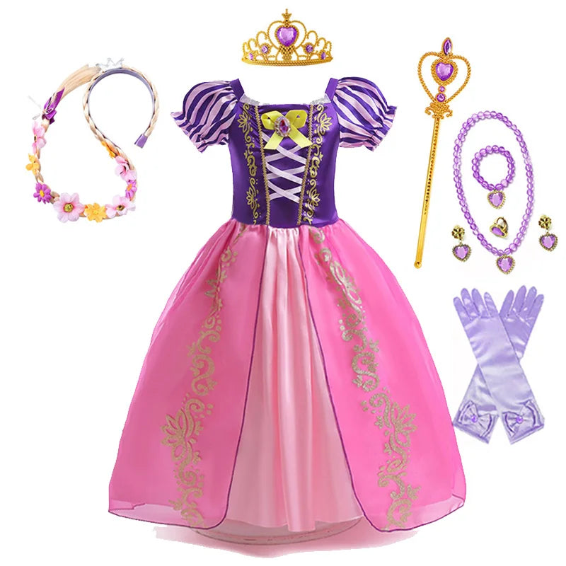 Disney Rapunzel Prinses Jurk Meisje Paars Bladerdeeg Mouw Cosplay Tangled Kostuum Halloween Vestido Kids Verjaardag Baljurk Kleding